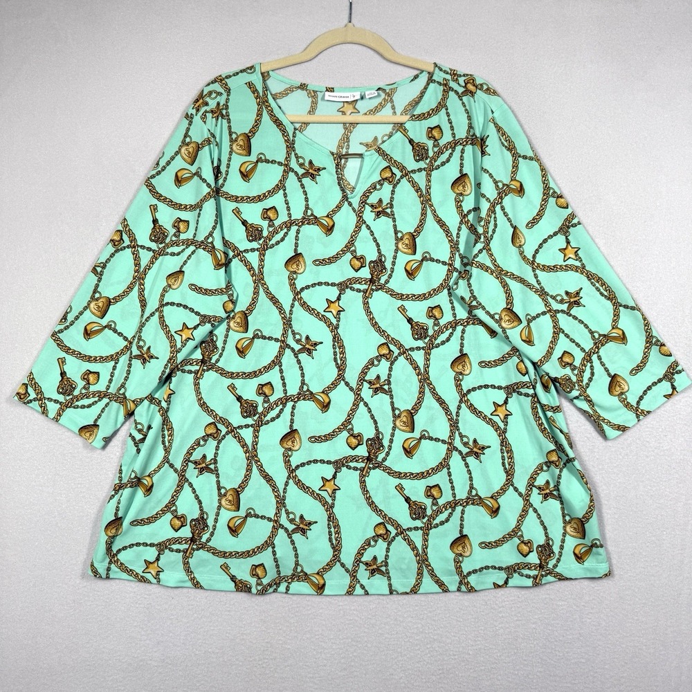 Susan Graver Top Womens 2X Chain Charm Print Liquid Knit Tunic Blouse 3/4 Sleeve